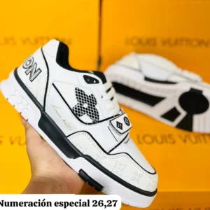Tenis Louis Vuitton version 2 blancos con detalles en negro calidad espejo