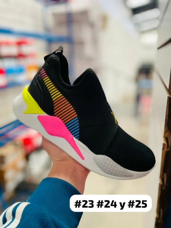 Tenis Puma RSX negros con amarillo y rosa fluorecentes